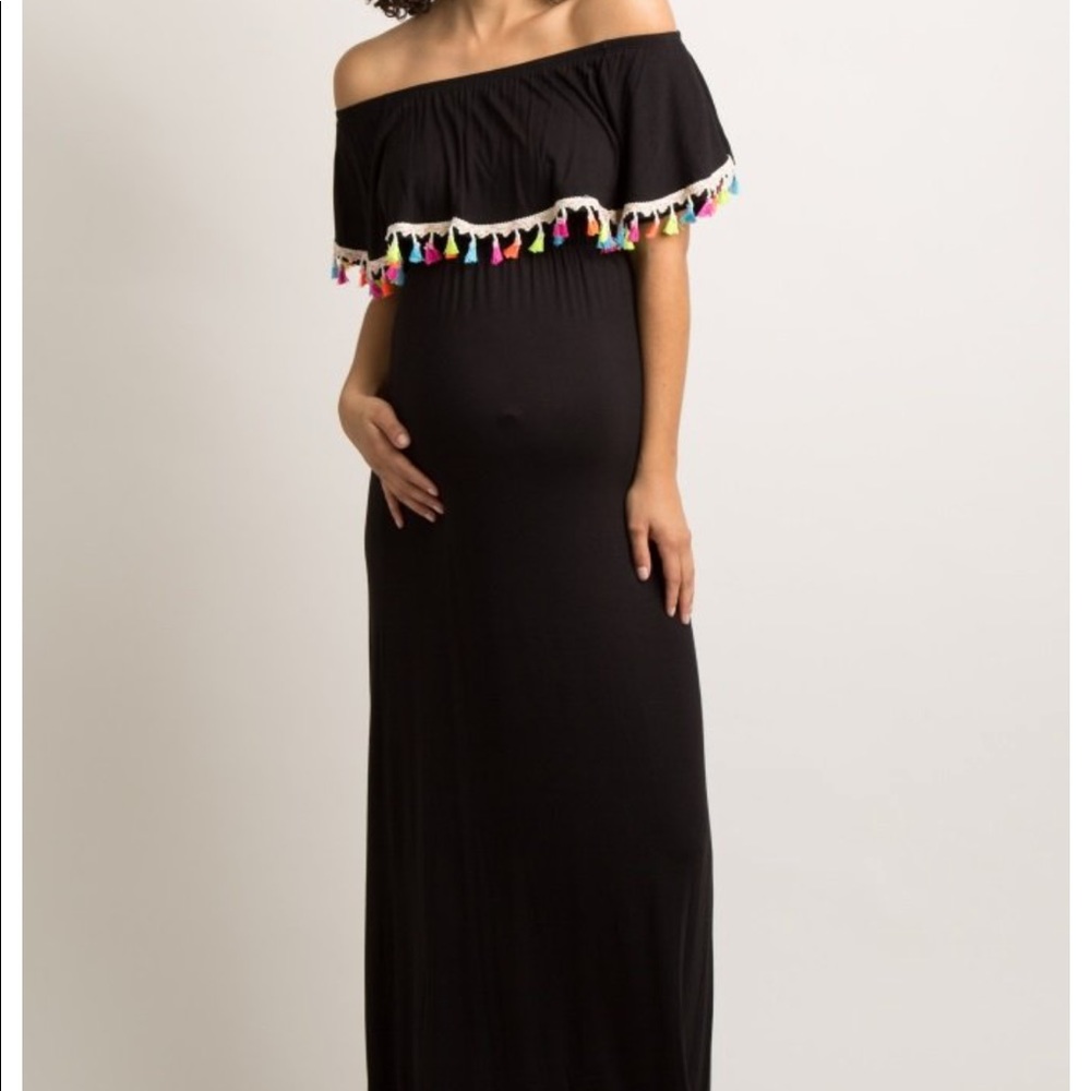 Great festive off the shoulder maternity dress!